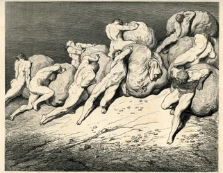 In the fourth circle of Hell, under which Pluto (Hades) presides, the Avares and the Prodigans carry and roll heavy burdens (rocks), colliding with anger. Engraving from The Hell by Dante Alighieri (the Divine Comedie) illustrated by Gustave Dore. French e