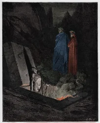 Inferno, Canto 10: Farinata degli Uberti addresses Dante (illustration from The Divine Comedy by Dante Alighieri)