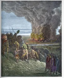 Joshua burns the town of Ai - The conquest of the city of Ai by Joshua - engraving in The Bible illustree by Gustave Dore - Engraving from The Dore Bible