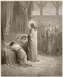 Miracle: Jesus Christ healed the daughter of Jaire (Jairus or Jairos). Engraving from the Bible illustrated by Gustave Dore (1832-1883)