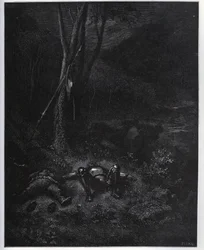 One of the fugitives, Gines de Passamont, steals the donkey from Sancho Panza during the sleep of the two travellers - from 