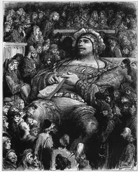 Pantagruel tests his spirits against the Parisian scientists - illustration from 