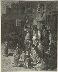 People standing and sitting outside their houses, in a street, from 