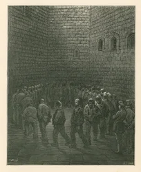 Prisoners in Newgate Prison exercise yard