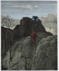 Purgatorio, Canto 4: Virgil leads Dante up the rugged mountainside (illustration from The Divine Comedy by Dante Alighieri)