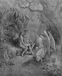 Raphael talks to Adam and Eve. Illustration for John Milton’s “Paradise Lost”, 1866