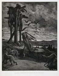 Rizpah Prevents Wild Beasts from Desecrating Bodies of Her Dead Sons, Illustration from the Dore Bible