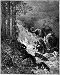 Ruggiero fights the marine monster (dragon) that threatens Olimpia bare tie to a tree, blocks his jaws with an anchor and saves Olimpia (chant 11 stance 37) - Engraving by Gustave Dore illustrating 