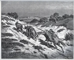 Sancho Panza, Don Quixote and Their Mounts After Their Defeat Against the Yangers