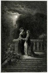 Sigognac and Isabelle: Lovers Finally United in the Moonlight. In the End Love Triumphs! Engraving by Gustave Dore Illustrating the Picaresque Novel of Cape and Epee by Theophile Gautier 