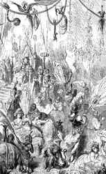 Sindbad the Sailor (Sinbad) - Tale of the Thousand and One (1001) Nights - Illustration by Gustave Dore - Maxwell Edition 1865 - Sixth Voyage - This Engraving Can Represent the Court of the King of Serendib or That of the Caliph Haroun al-Rashid (Harun al