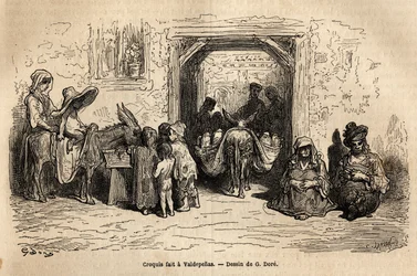 Sketch taken on the live: beggars in Valpadenas (Channel). Engraving to illustrate the voyage to Spain by Gustave Dore (1832-1883) illustrator and Baron Ch. Davillier reactor, in 1862, published in 