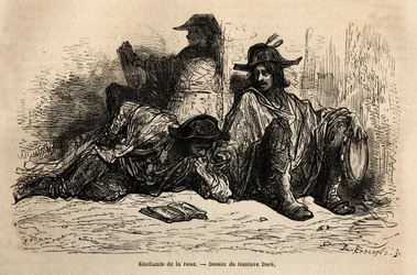 Students of Tuna (or Tunantes) in the District of the University of Alcala de Henares, Sketch by Gustave Dore. Engraving to Illustrate the Voyage