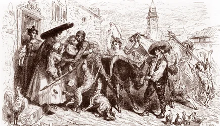 The Battered Quixote Arrives Home, Engraving by Gustave Dore for 
