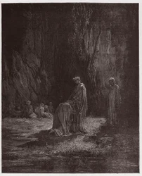 The Divine Comedy, Purgatorio, Canto 7: The poet Sordello, astonished, kneels before Virgil - by Dante Alighieri - Illustration by Gustave Doré