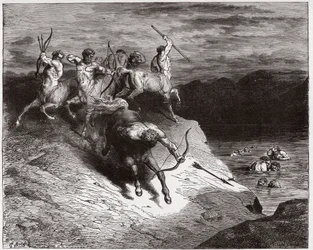 The Divine Comedy, Inferno, Canto 12: The Centaurs Attack the Souls in Boiling Blood - by Dante Alighieri (1265-1321) - Illustration by Gustave Dore (1832-1883)
