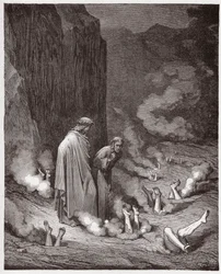 The Divine Comedy, Inferno, Canto 19: Dante rebukes Pope Nicholas III in the fourth bolgia - by Dante Alighieri - Illustration by Gustave Dore