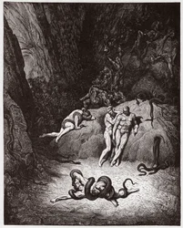The Divine Comedy, Inferno, Canto 25: Agnello transforming into a serpent (Illustration by Gustave Dore)
