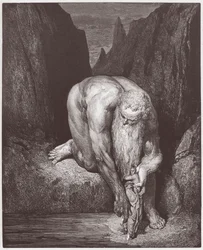 The Divine Comedy, Inferno, Canto 31: The Giant Antaeus Lowers Dante and Virgil into the Last Circle - by Dante Alighieri (1265-1321) - Illustration by Gustave Dore (1832-1883)