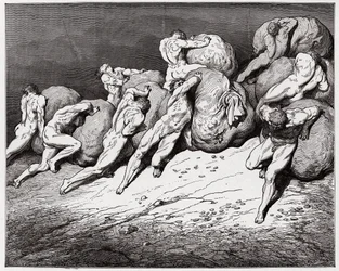 The Divine Comedy, Inferno, Canto 7: The souls of the avaricious and the prodigal forced to roll heavy stones - Illustration by Gustave Dore