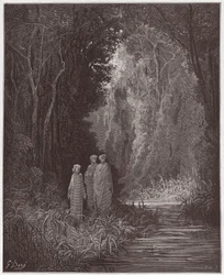 The Divine Comedy, Purgatorio, Canto 28: Dante, Virgil, and Statius in the ancient forest of the terrestrial paradise - by Dante Alighieri (1265-1321) - Illustration by Gustave Dore (1832-1883)