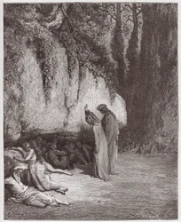 The Divine Comedy, Purgatorio, Canto 4: The indolent souls beside the rock - Illustration by Gustave Dore