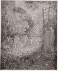 The Divine Comedy, Purgatorio, Canto 7: The Spirits Singing Salve Regina in the Dell - by Dante Alighieri (1265-1321) - Illustration by Gustave Dore (1832-1883)