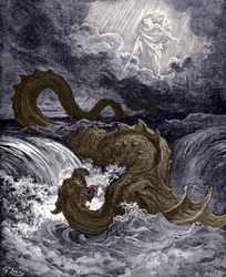 The Leviathan, sea monster resembling the sea snake referred to in the Bible. Illustrations of the Bible by Gustave Dore. Engraving of the 19th century