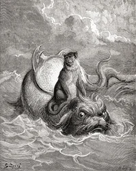 The Monkey and The Dolphin after a Work by Gustave Dore for a La Fontaine Fable. From Life and Reminiscences of Gustave Dore, Published 1885.