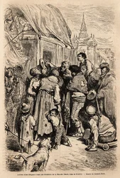 The arrival of the diligence in a hotel in Santa Cruz de modela (Mancha province), assaulted by beggars calling for alms. Drawing by Gustave Dore (1832-1883). Engraving to illustrate the voyage in Spain, in 1862 by Charles Davillier and Gustave Dore, in