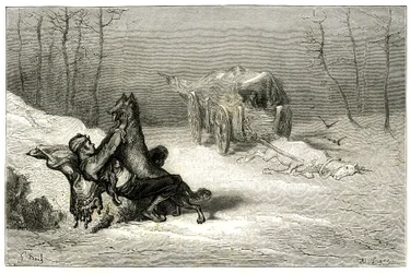 The Brigand Agostin is Attacked by a Wolf, Near the Dead Horse Still Reached in the Cart Abandons Comedians, or Hides the Little Chiquita. Engraving by Gustave Dore Illustrating Theophile Gautier