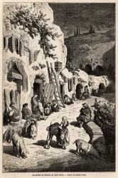 The caves of gypsies, in Sacro Monte, in Granada. Drawing by Gustave Dore, to illustrate his trip to Spain in 1862, accompanied by Ch. Davillier. Engraving in 