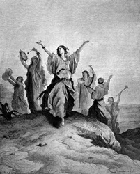 The daughter of Jephthah, the judge of Israel, went to meet her father. Illustration by Gustave Doré. Engraving of the 19th century.