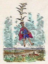 The ducks raise in the air the Baron of Munchausen. Illustration by Gustave Dore for 