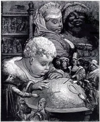 The education of Gargantua: the giant, child, studies a globe with his teachers, under the eyes of his parents
