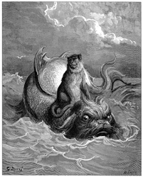 The Monkey and the Dolphin: Fable, Fables by Jean de La Fontaine. Illustration by Gustave Dore