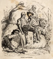 The nap of the carriers of the port of Alicante, sketch made on the lively by Gustave Dore, to illustrate his journey to Spain, in 1862, with Ch. Davillier. Engraving in 