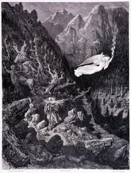 The Old Man Holding a Purse and His Stick Walking in a Hostile Landscape is Surmounted by an Angel Waving a Spear of Fire, Plate VII - Illustration by Gustave Dore for La Legende du Jew Wandering by Pierre Dupont