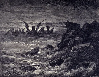 The prophet Daniel sees monsters appearing: Haniel, Kafziel, Azriel, Aniel. Engraving from the Bible illustrated by Gustave Dore (19th century)