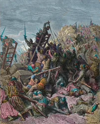 The siege of Ptolemais during the third crusade 1189 - engraving by Gustave Dore from History of the Crusades by Joseph-Francois Michaud