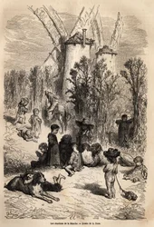 The Thistles of the Channel, at the Foot of the Mills Dear to Don Quixote, with the Representation of a Yeast, a Dog Breed Very Frequent in the Region (the Figure of the Galgo Corredor Always Starving in Don Quixote) and a Crowd of Beggars Children, True S