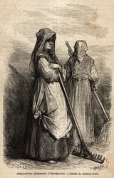 The gleaners of Estremadure, with their large wooden rakes to pick up the part of the crop that was forgotten in the fields after the harvest. Engraving to illustrate the voyage to Spain by Gustave Dore (1832-1883) illustrator and Baron Ch. Davillier