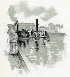 Boats mooring in the port of La Villette, Paris. Drawing by Gustave Fraipont (1849-1923) from “La Seine à travers Paris” by Saint-Juirs