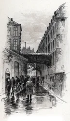 View of a Flophouse in Rue de la Bucherie in the Maubert District, Paris. Drawing by Gustave Fraipont from 