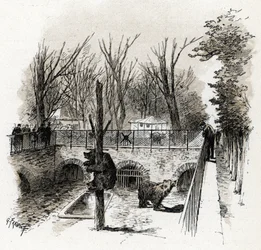 View of the Bear Pit in the Zoo du Jardin des Plantes, Paris. Drawing by Gustave Fraipont (1849-1923) from “La Seine à travers Paris” by Saint-Juirs