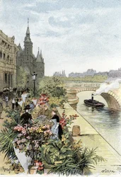 View of the flower market, Ile de la Cite, Paris. Drawing by Gustave Fraipont from Saint-Juirs