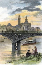 View of the footbridge of Passy (now bridge of Bir Hakeim) in Paris