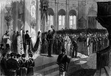 Russian tsar Alexander III laying the crown on his head at the ceremony of elevation to the throne, in the chapel of the Winter Palace of St. Petersburg