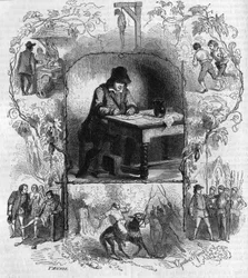 The poet Francois Villon (1431-1463) writing his will surrounded by different episodes of his life. Engraving by Gustave Janet