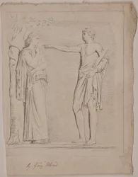 Full Length Classically Draped Female Standing by a Tree, Being Scaled by a Snake